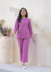 Embroidered Round Neck Top With Trousers Co-Ords