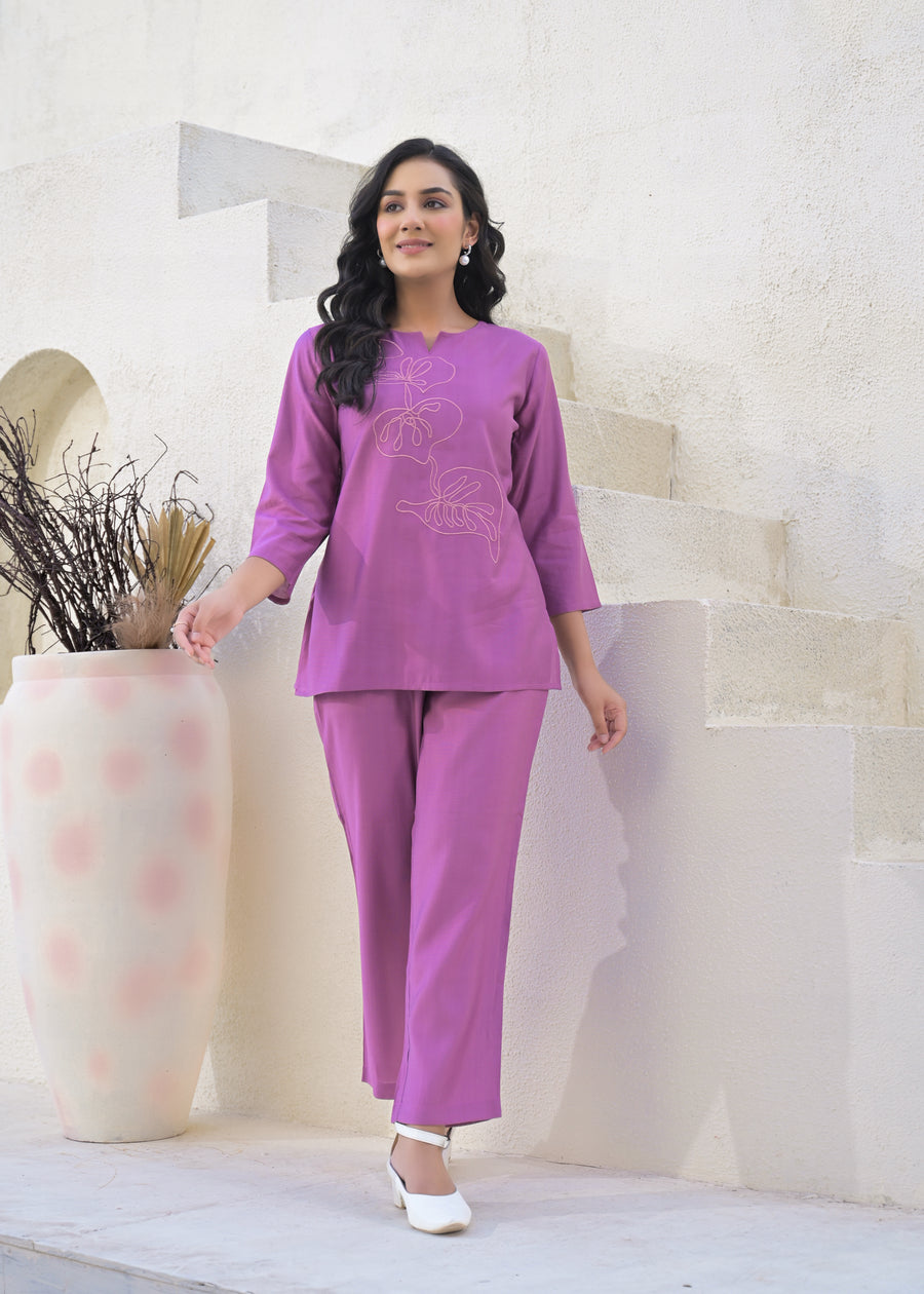 Embroidered Round Neck Top With Trousers Co-Ords