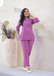 Embroidered Round Neck Top With Trousers Co-Ords