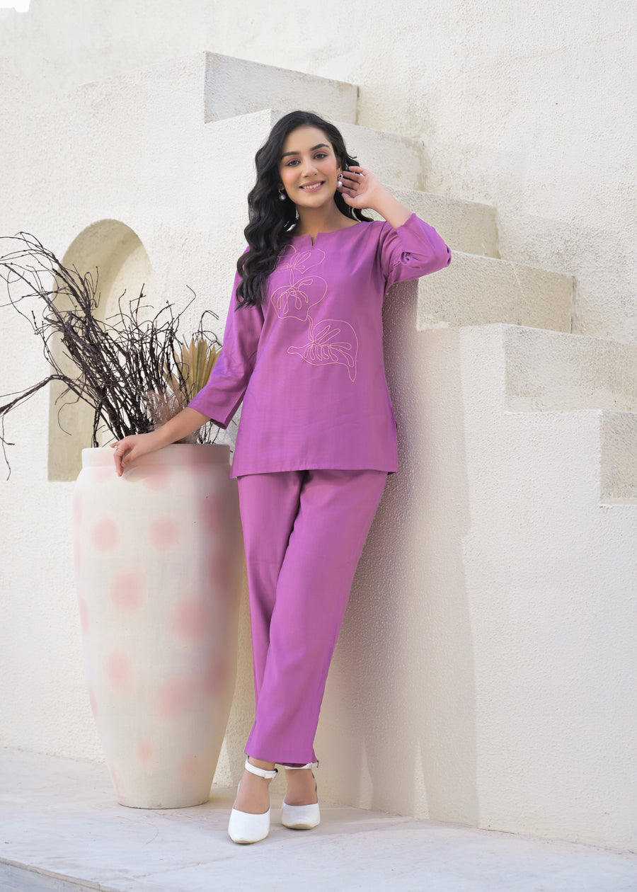 Embroidered Round Neck Top With Trousers Co-Ords