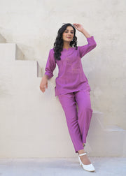 Embroidered Round Neck Top With Trousers Co-Ords