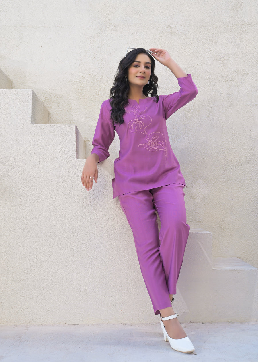 Embroidered Round Neck Top With Trousers Co-Ords