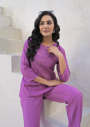 Embroidered Round Neck Top With Trousers Co-Ords