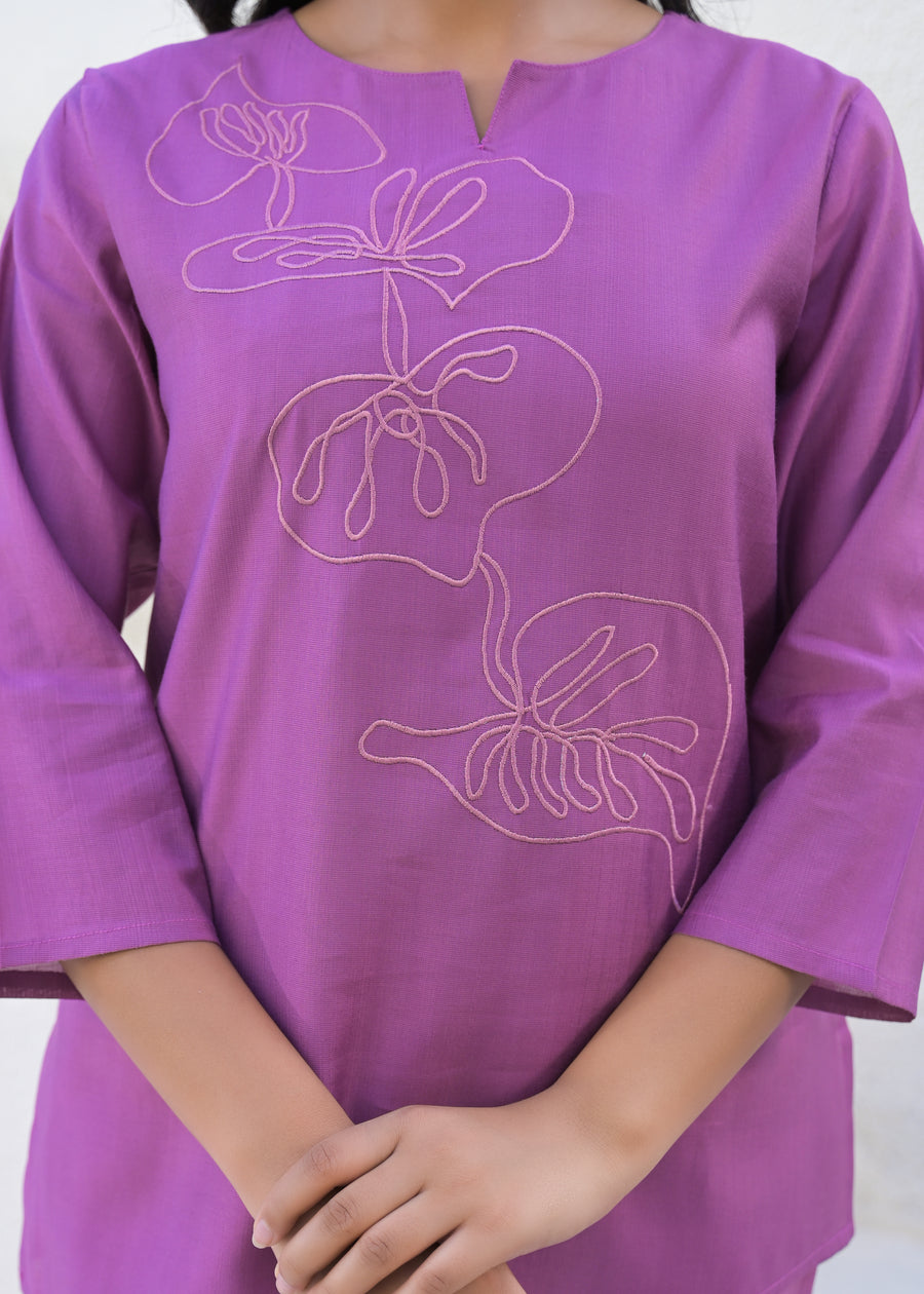 Embroidered Round Neck Top With Trousers Co-Ords