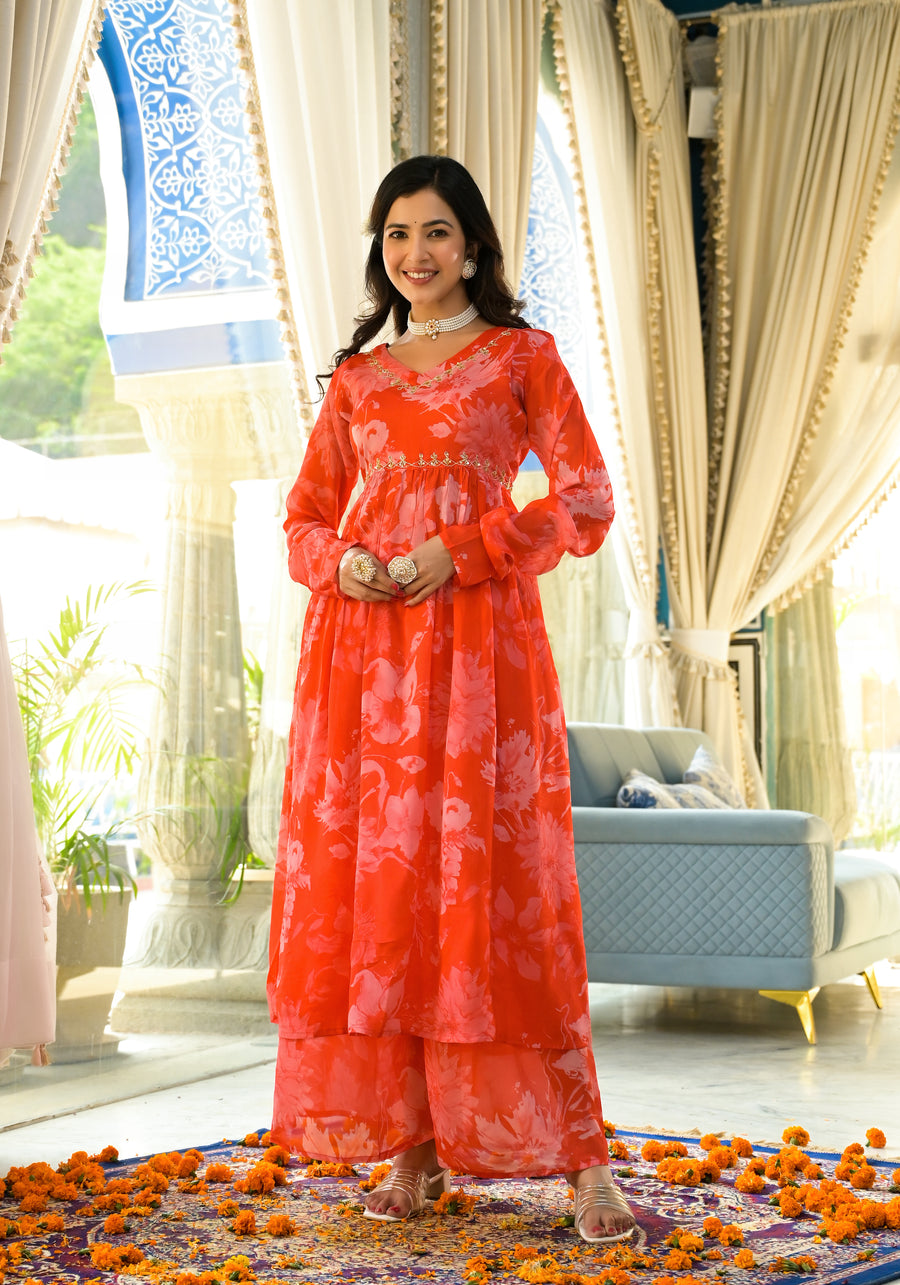 ORANGE ALIA CUT FESTIVE SUIT SET