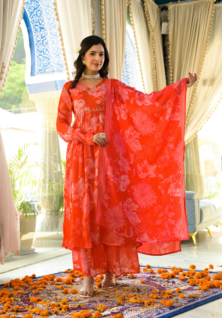 ORANGE ALIA CUT FESTIVE SUIT SET