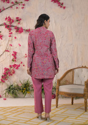 Printed Mandarin Collar Top With Trousers Co-Ords Set