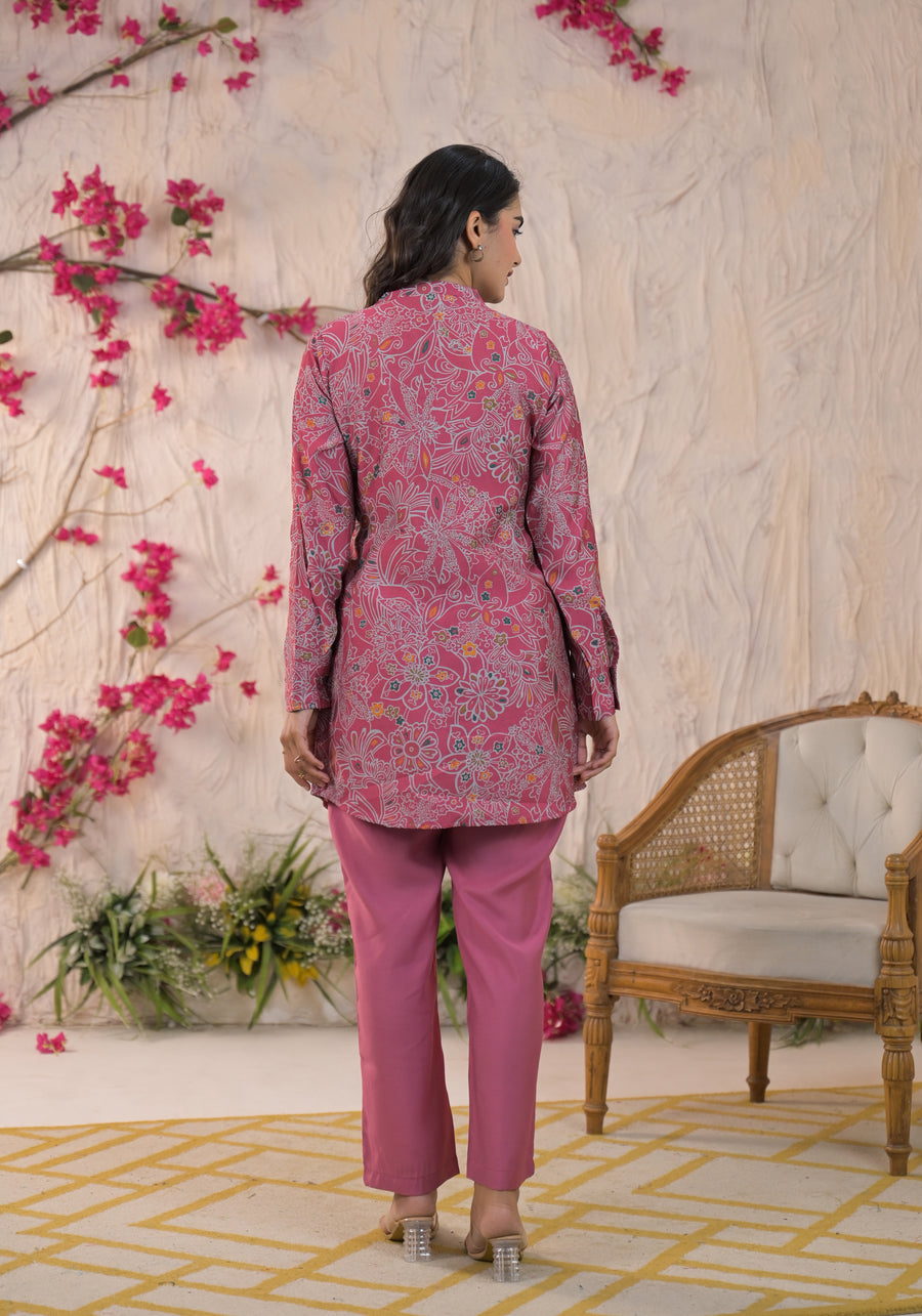 Printed Mandarin Collar Top With Trousers Co-Ords Set