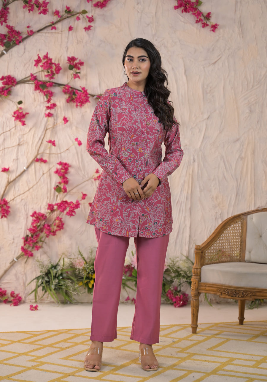 Printed Mandarin Collar Top With Trousers Co-Ords Set