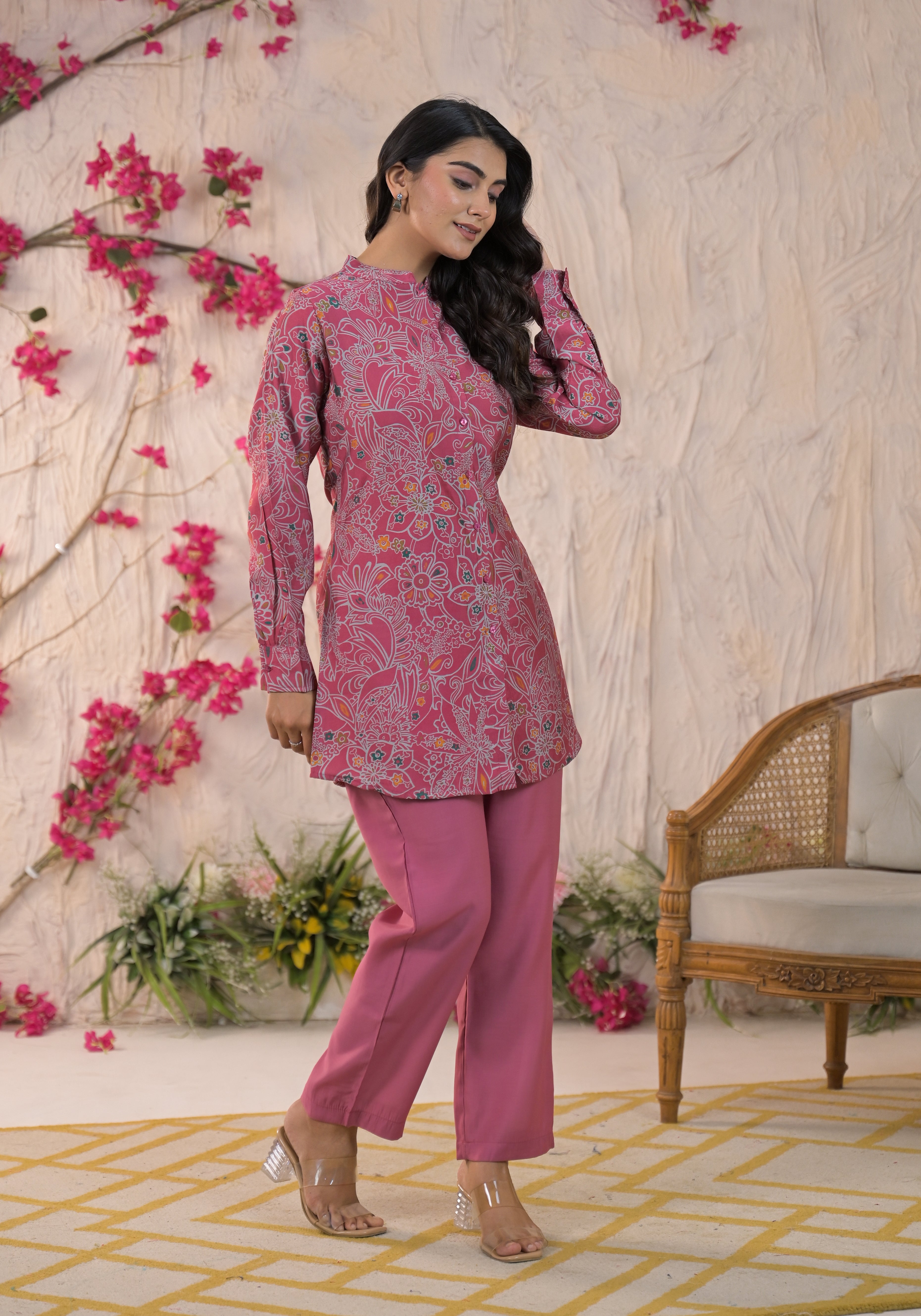 Printed Mandarin Collar Top With Trousers Co-Ords Set