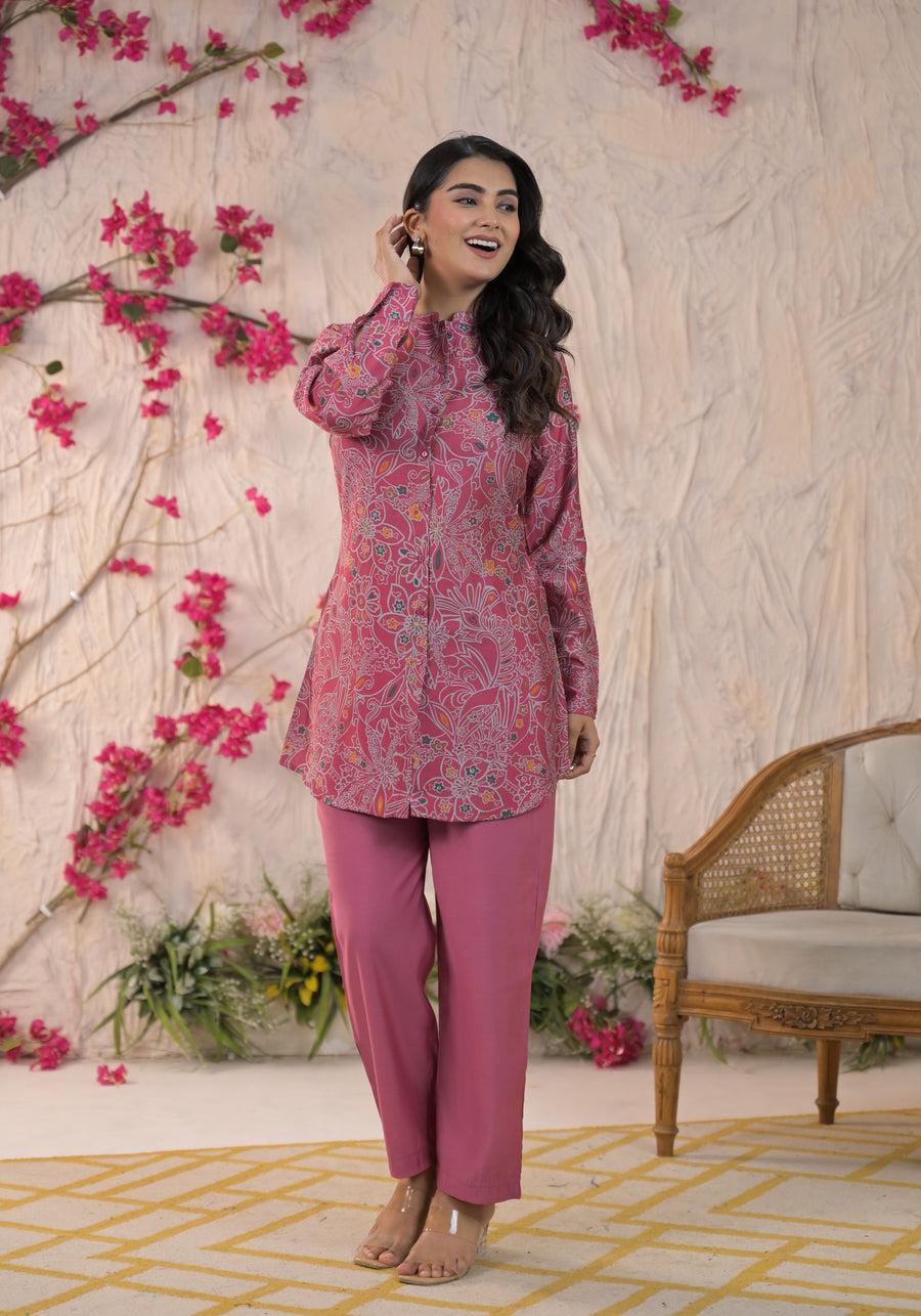 Printed Mandarin Collar Top With Trousers Co-Ords Set