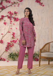 Printed Mandarin Collar Top With Trousers Co-Ords Set