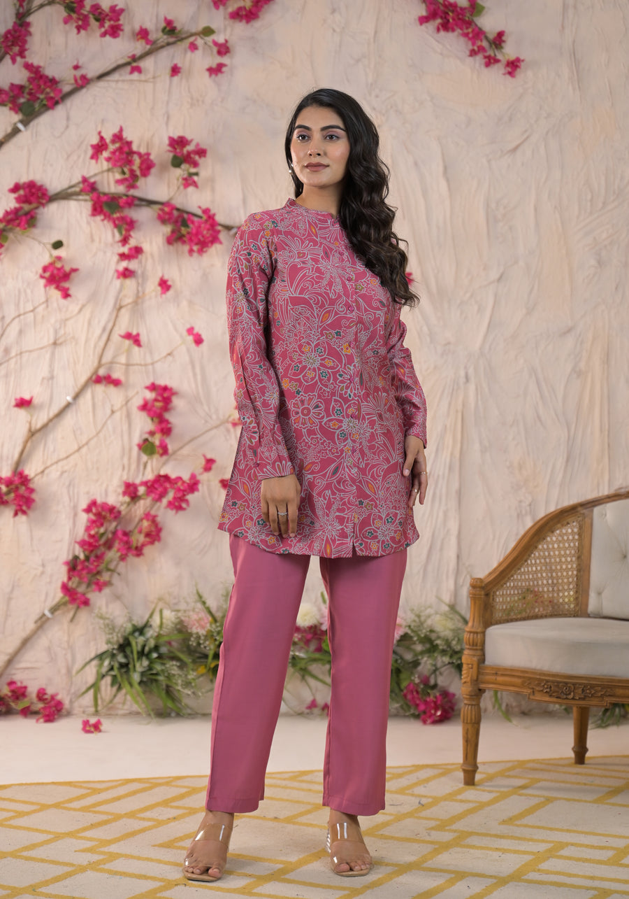 Printed Mandarin Collar Top With Trousers Co-Ords Set
