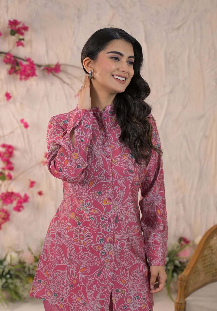 Printed Mandarin Collar Top With Trousers Co-Ords Set