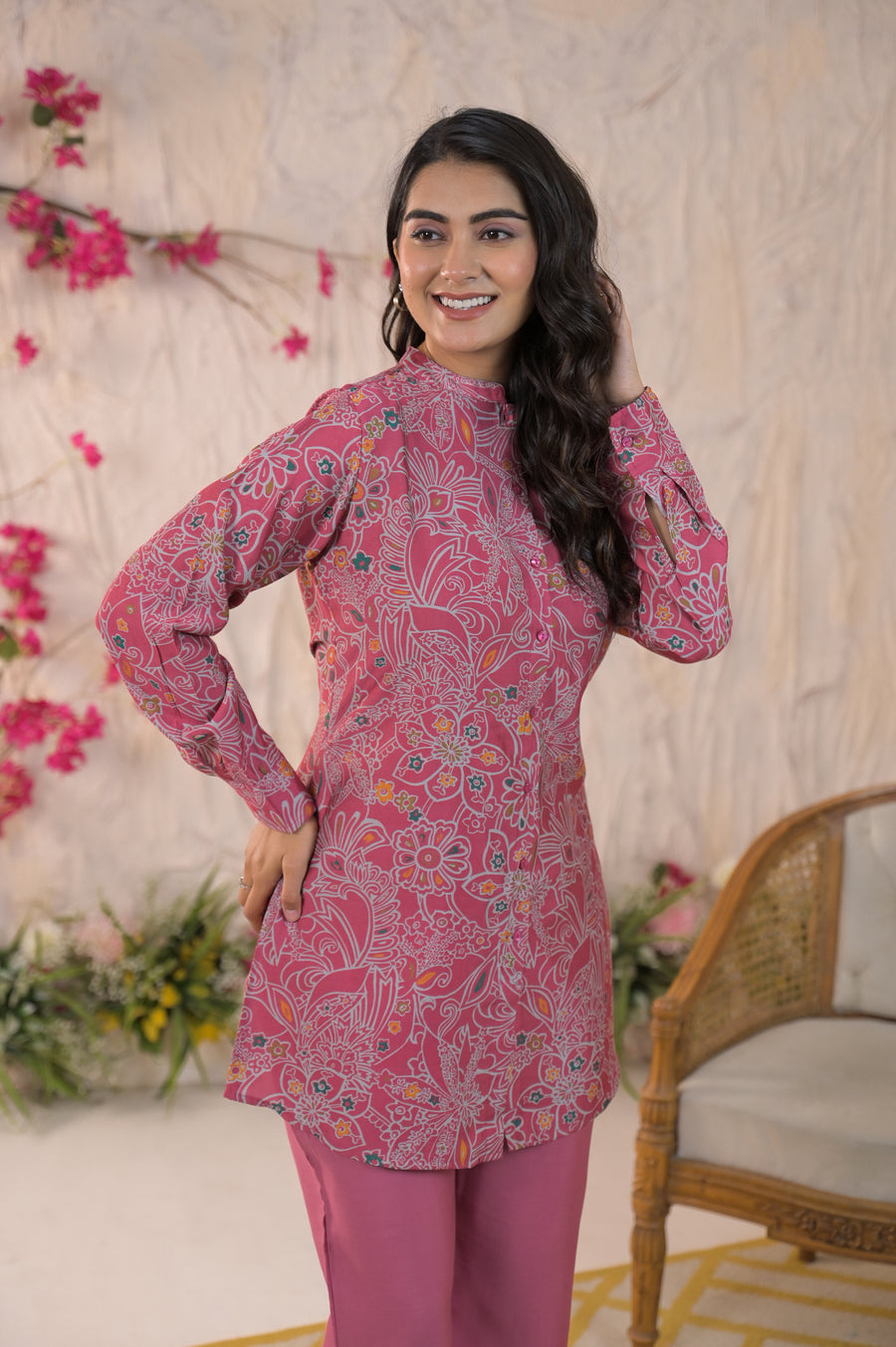 Printed Mandarin Collar Top With Trousers Co-Ords Set
