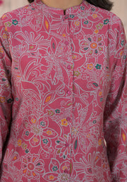 Printed Mandarin Collar Top With Trousers Co-Ords Set