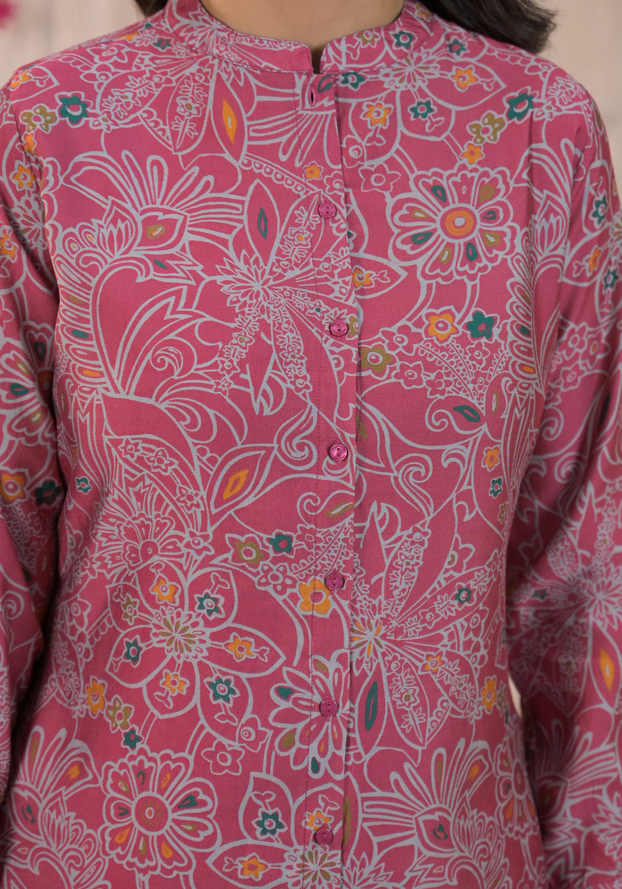 Printed Mandarin Collar Top With Trousers Co-Ords Set