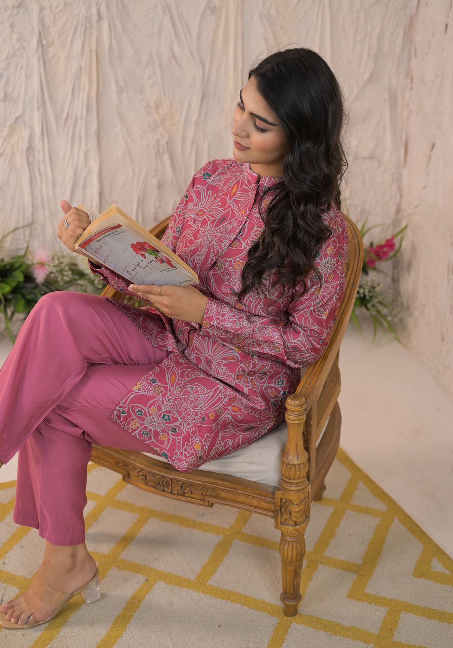 Printed Mandarin Collar Top With Trousers Co-Ords Set