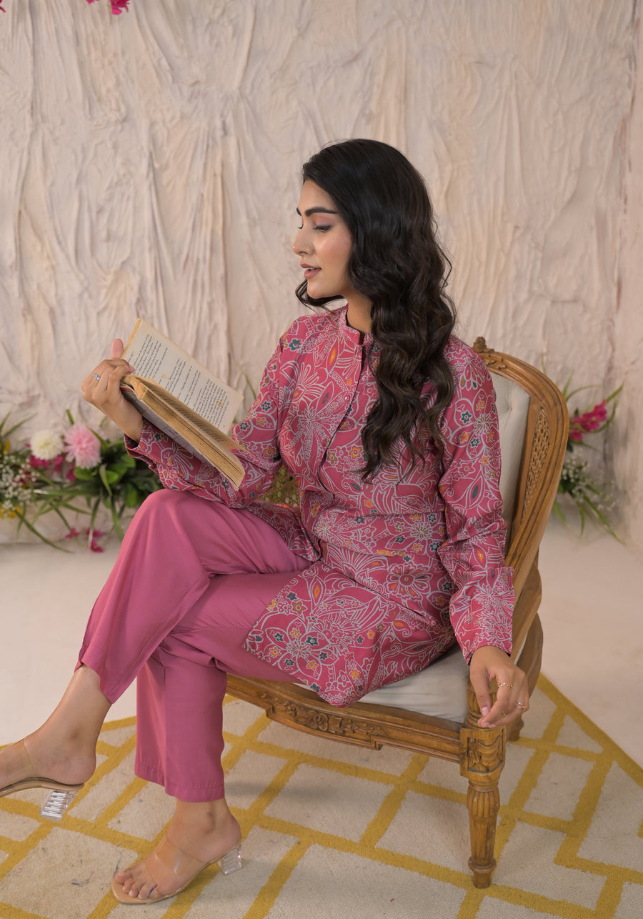 Printed Mandarin Collar Top With Trousers Co-Ords Set