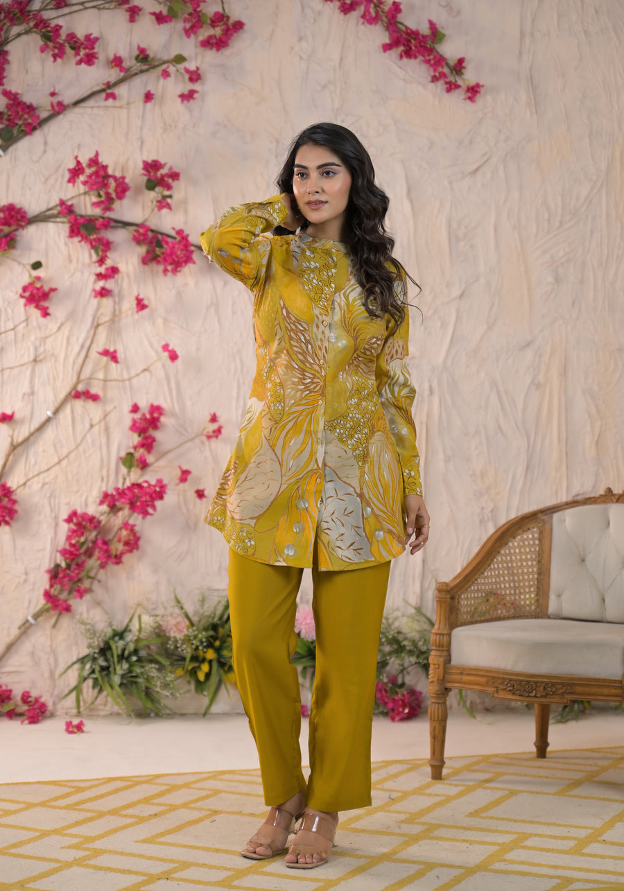 YELLOW floral muslin festive cord set