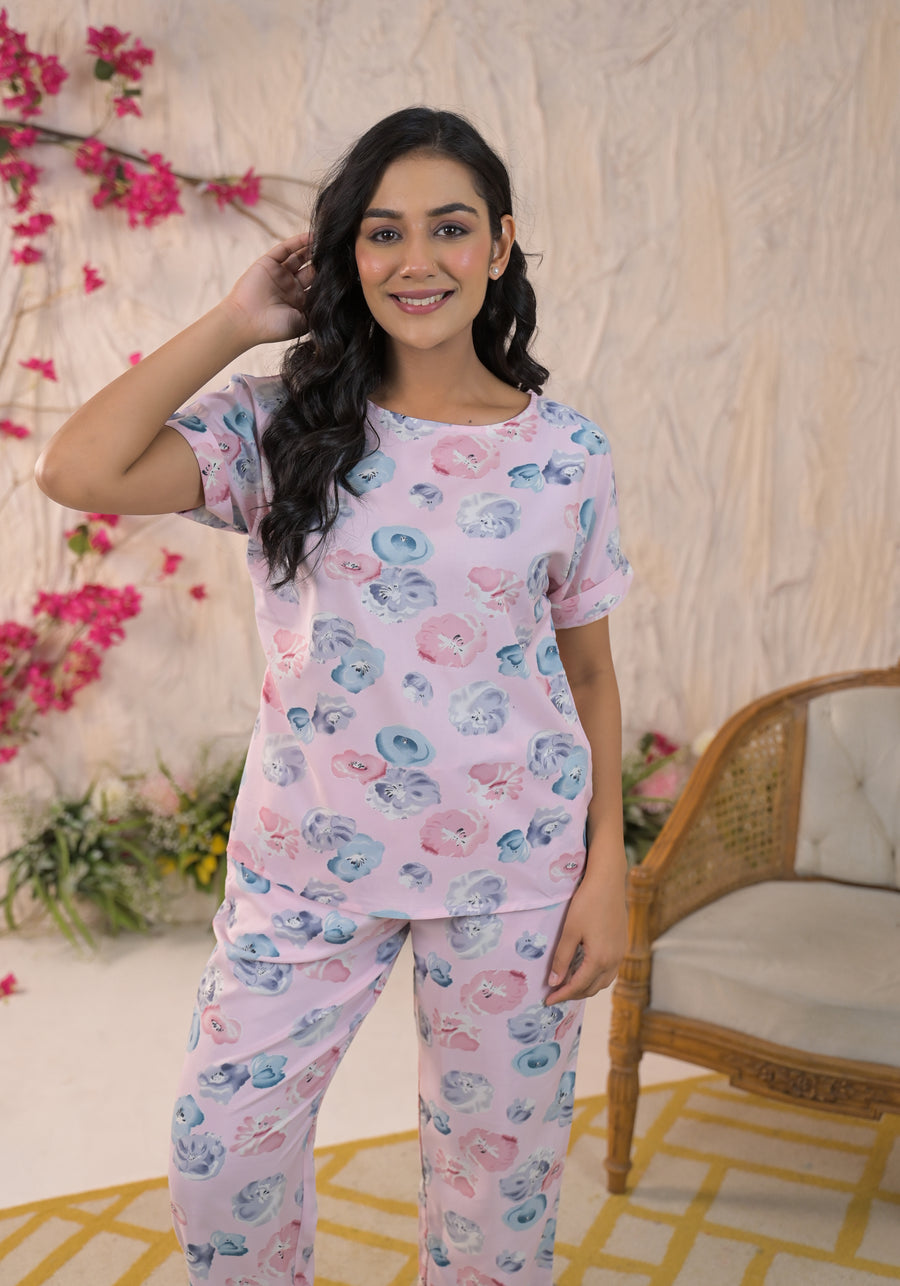 Floral Printed Boat Neck Top With Trousers Co-Ords