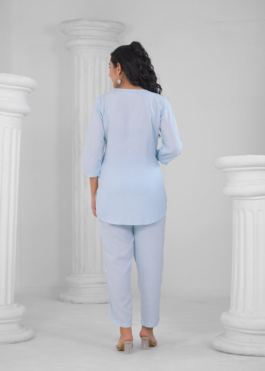 Embroidered Round-Neck Top With Trousers Co-Ords