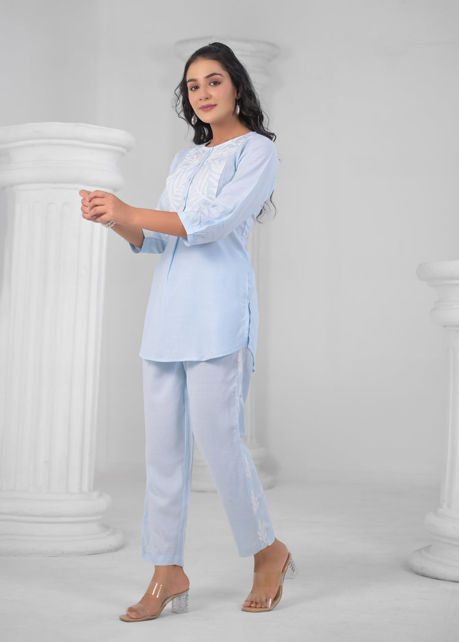Embroidered Round-Neck Top With Trousers Co-Ords