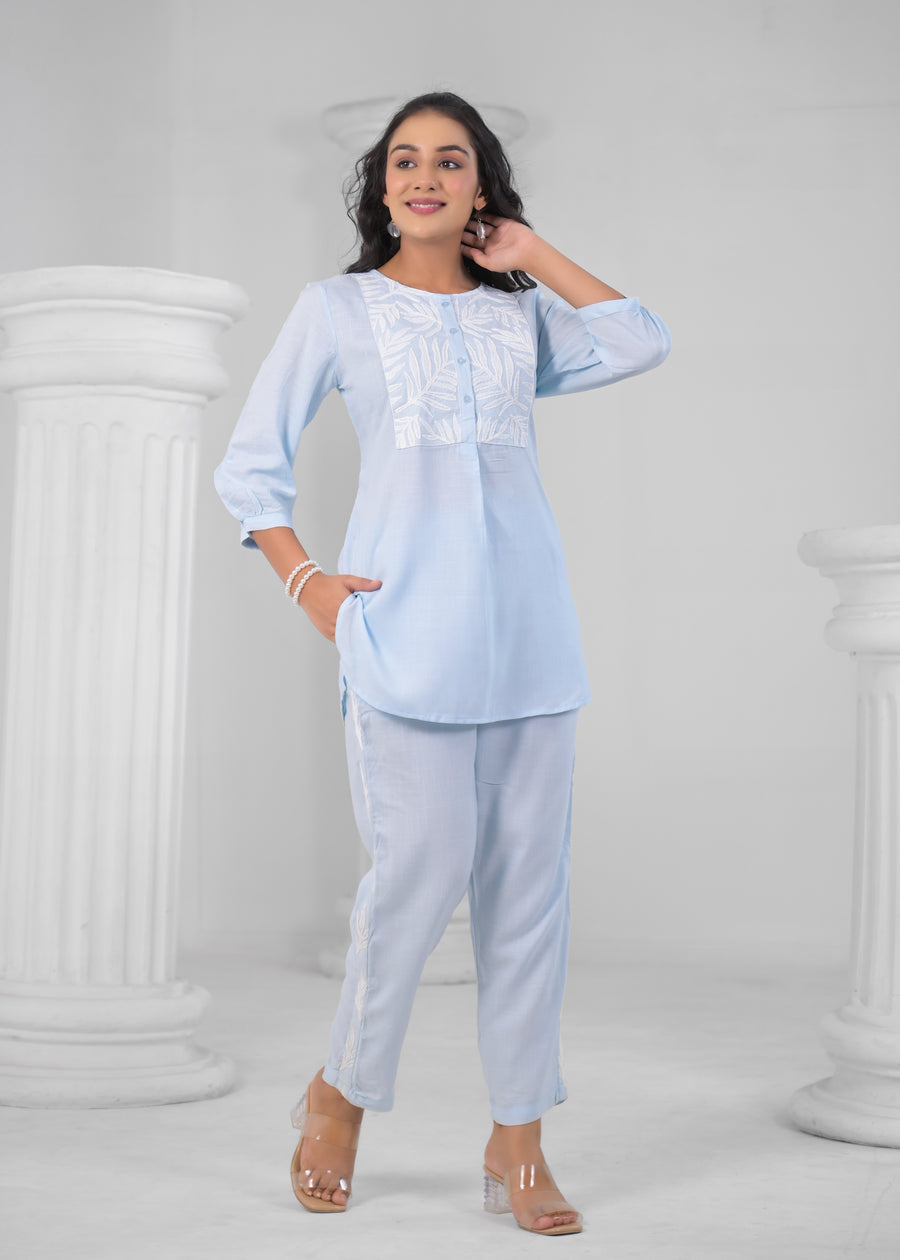 Embroidered Round-Neck Top With Trousers Co-Ords