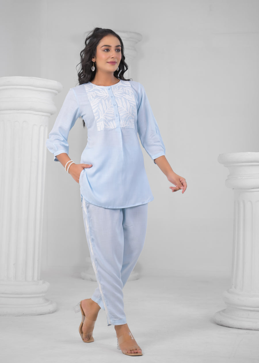 Embroidered Round-Neck Top With Trousers Co-Ords