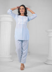 Embroidered Round-Neck Top With Trousers Co-Ords
