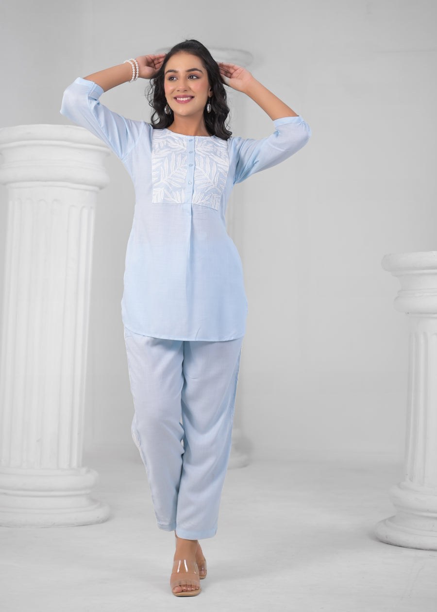 Embroidered Round-Neck Top With Trousers Co-Ords