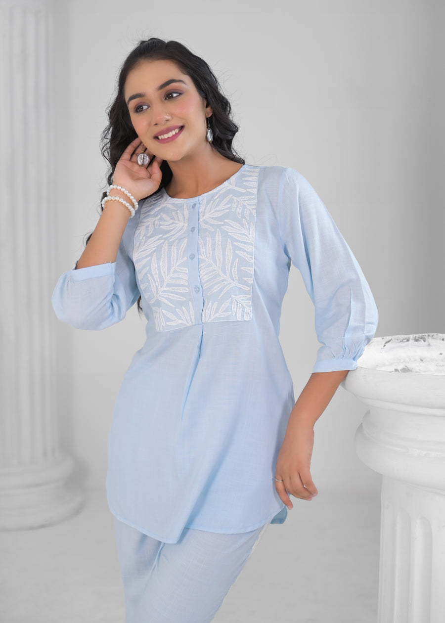 Embroidered Round-Neck Top With Trousers Co-Ords