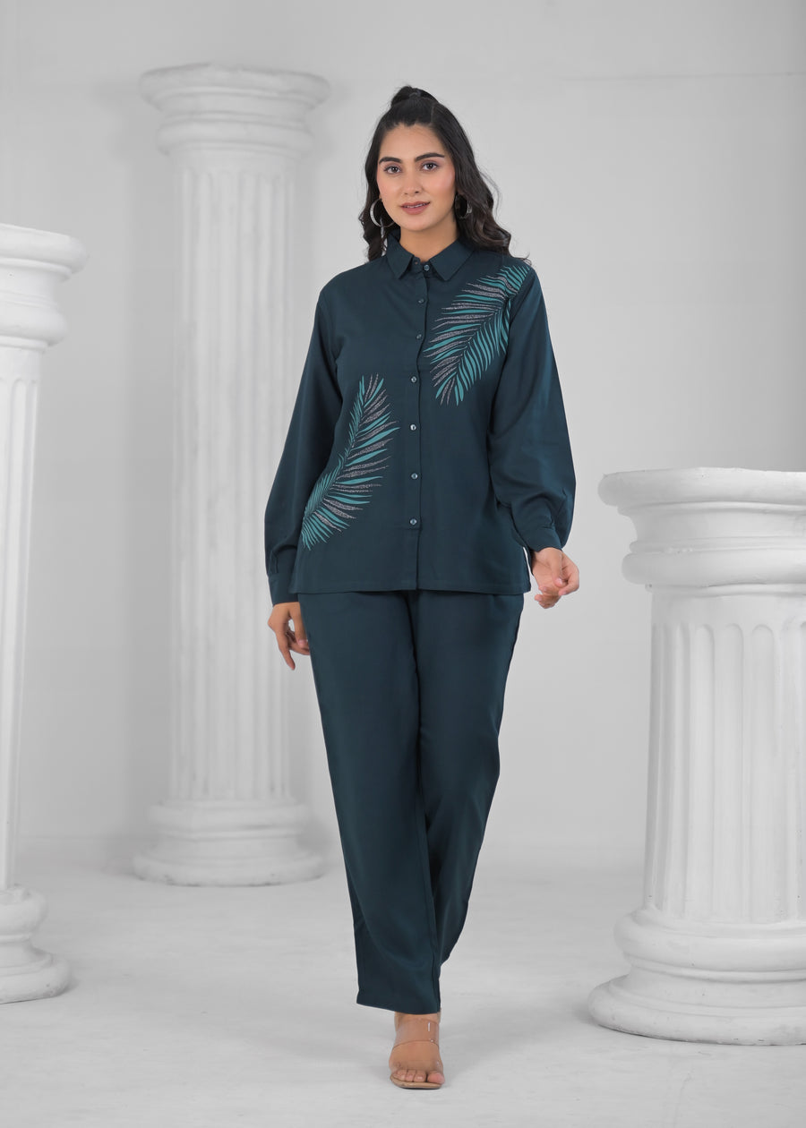Women Blue Blended Fabric Printed Shirt with Pant