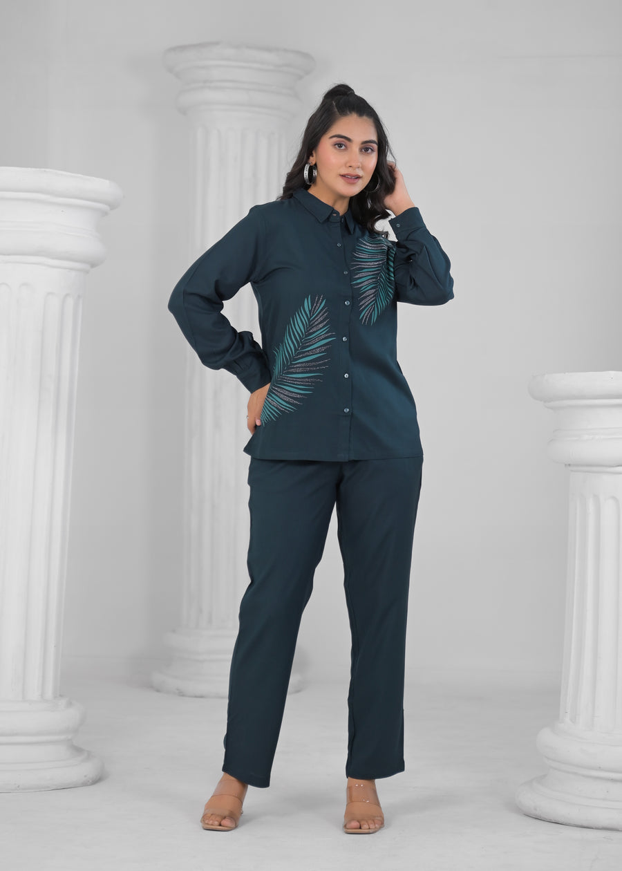 Women Blue Blended Fabric Printed Shirt with Pant