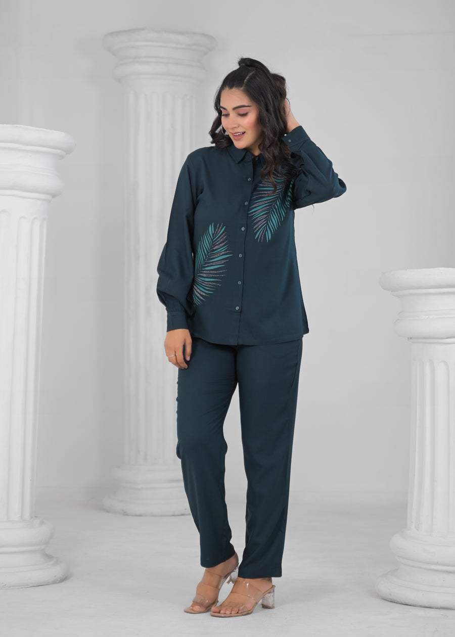 Women Blue Blended Fabric Printed Shirt with Pant