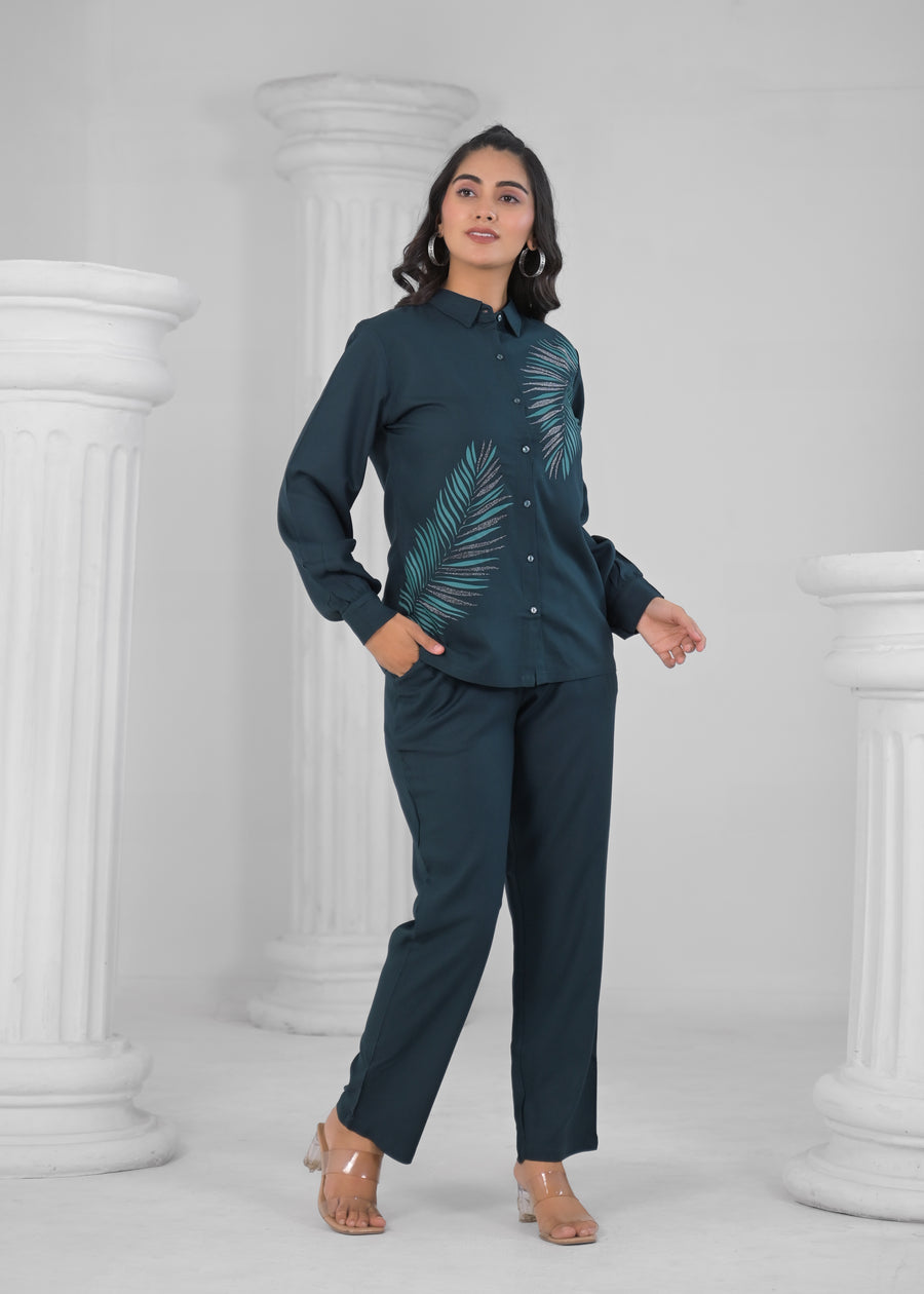 Women Blue Blended Fabric Printed Shirt with Pant