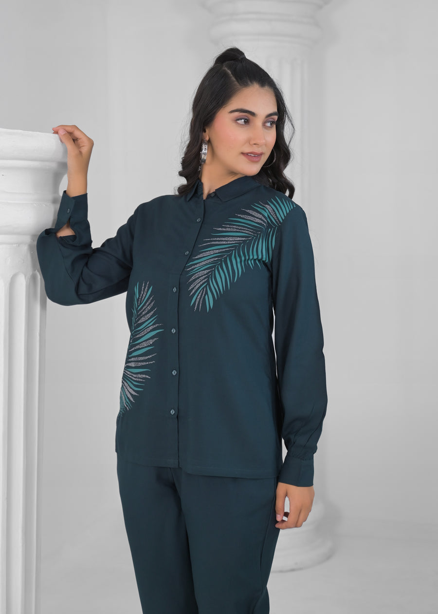 Women Blue Blended Fabric Printed Shirt with Pant