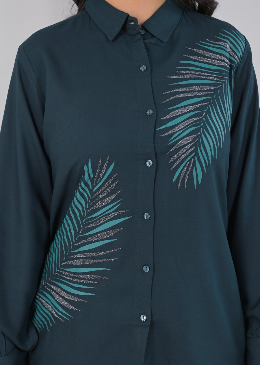 Women Blue Blended Fabric Printed Shirt with Pant