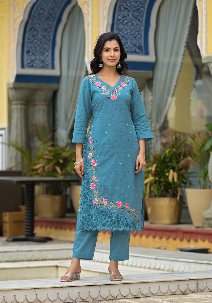 TEAL BLUE EMBROIDERED FESTIVE SUIT SET