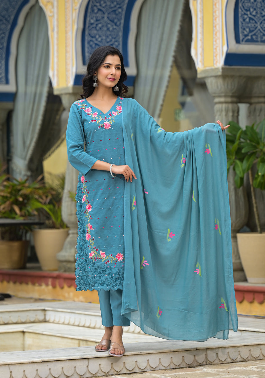 TEAL BLUE EMBROIDERED FESTIVE SUIT SET