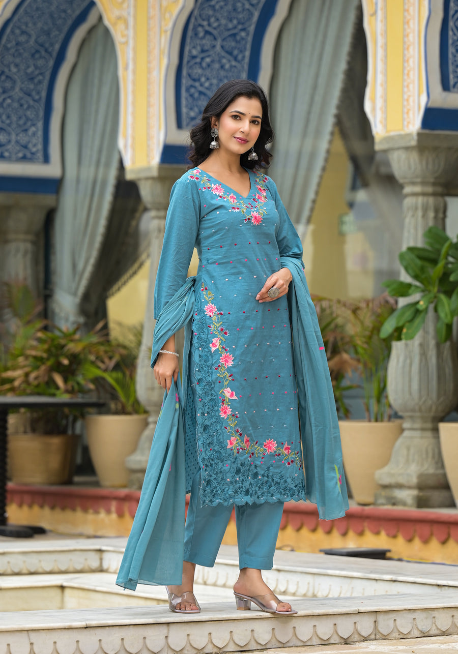 TEAL BLUE EMBROIDERED FESTIVE SUIT SET