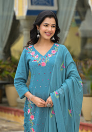 TEAL BLUE EMBROIDERED FESTIVE SUIT SET