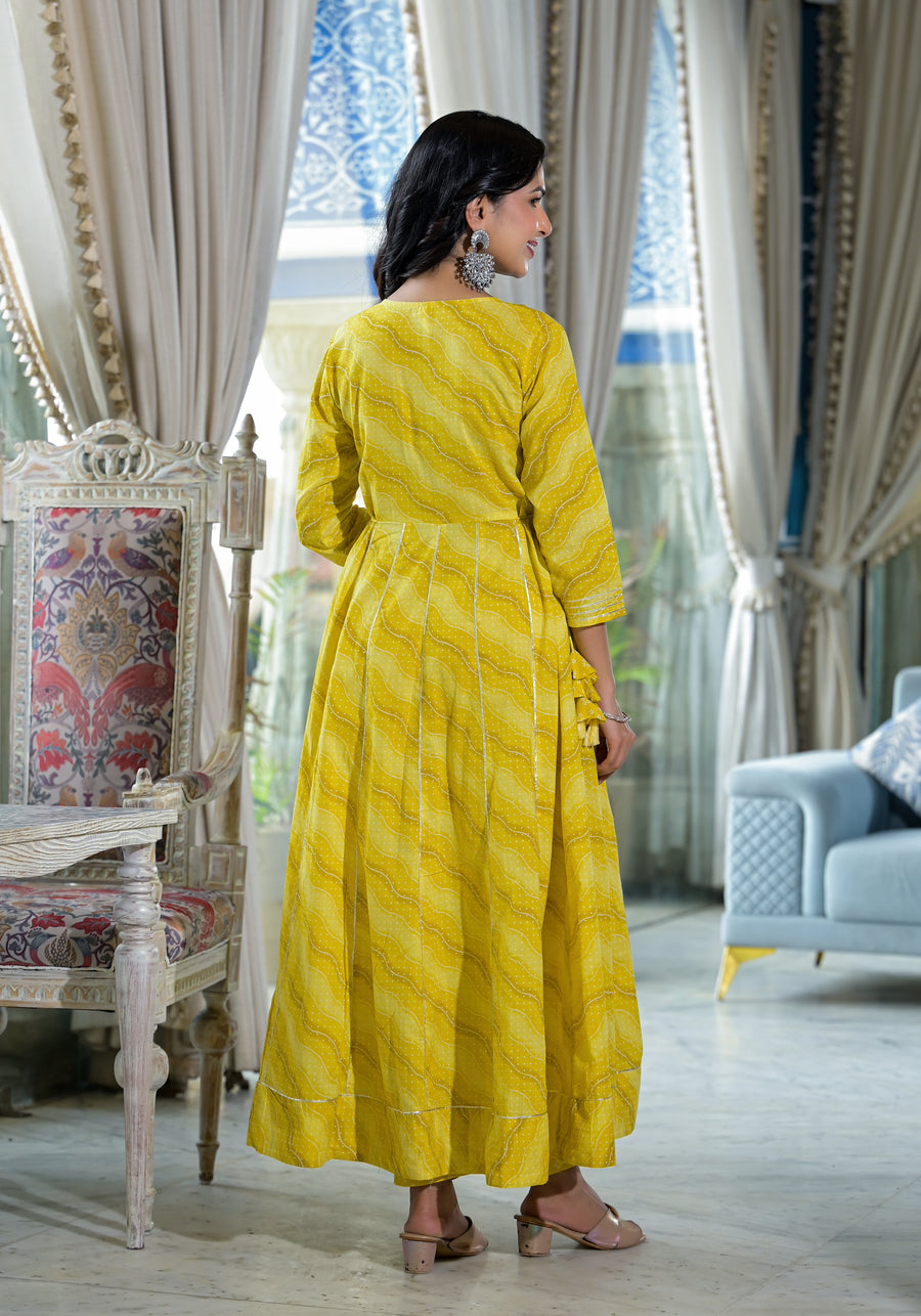 Yellow bandhej anarkali suit set