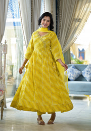 Yellow bandhej anarkali suit set