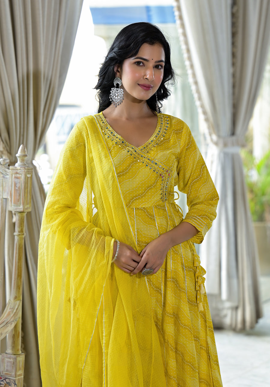 Yellow bandhej anarkali suit set