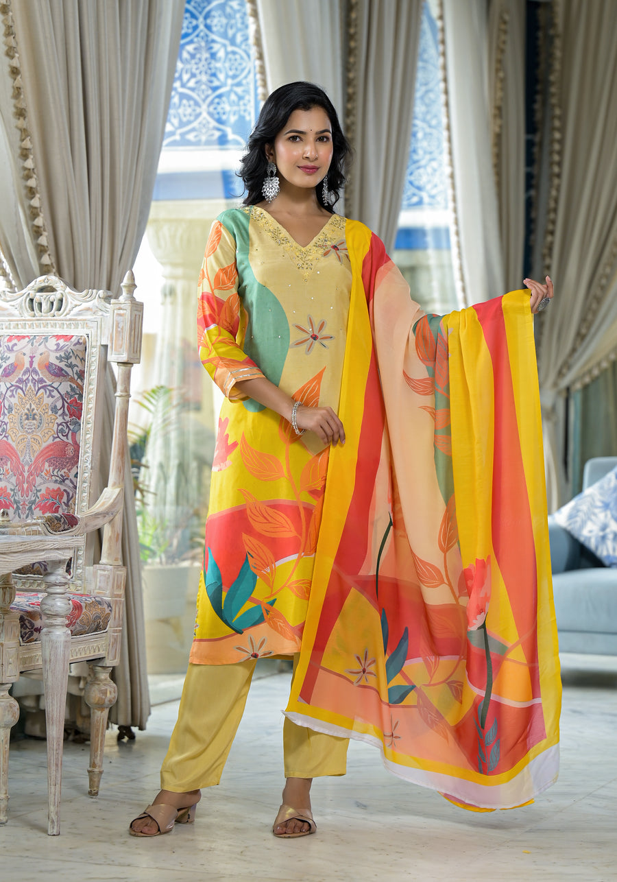 YELLOW MUSLIN  FLORAL SUIT SET