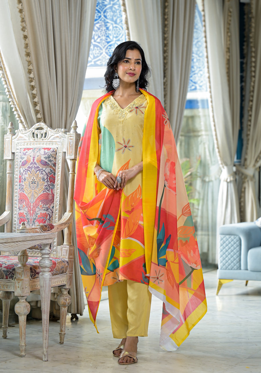 YELLOW MUSLIN  FLORAL SUIT SET