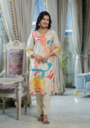 CREAM MUSLIN  FESTIVE ABSTRACT PRINT SUIT SET