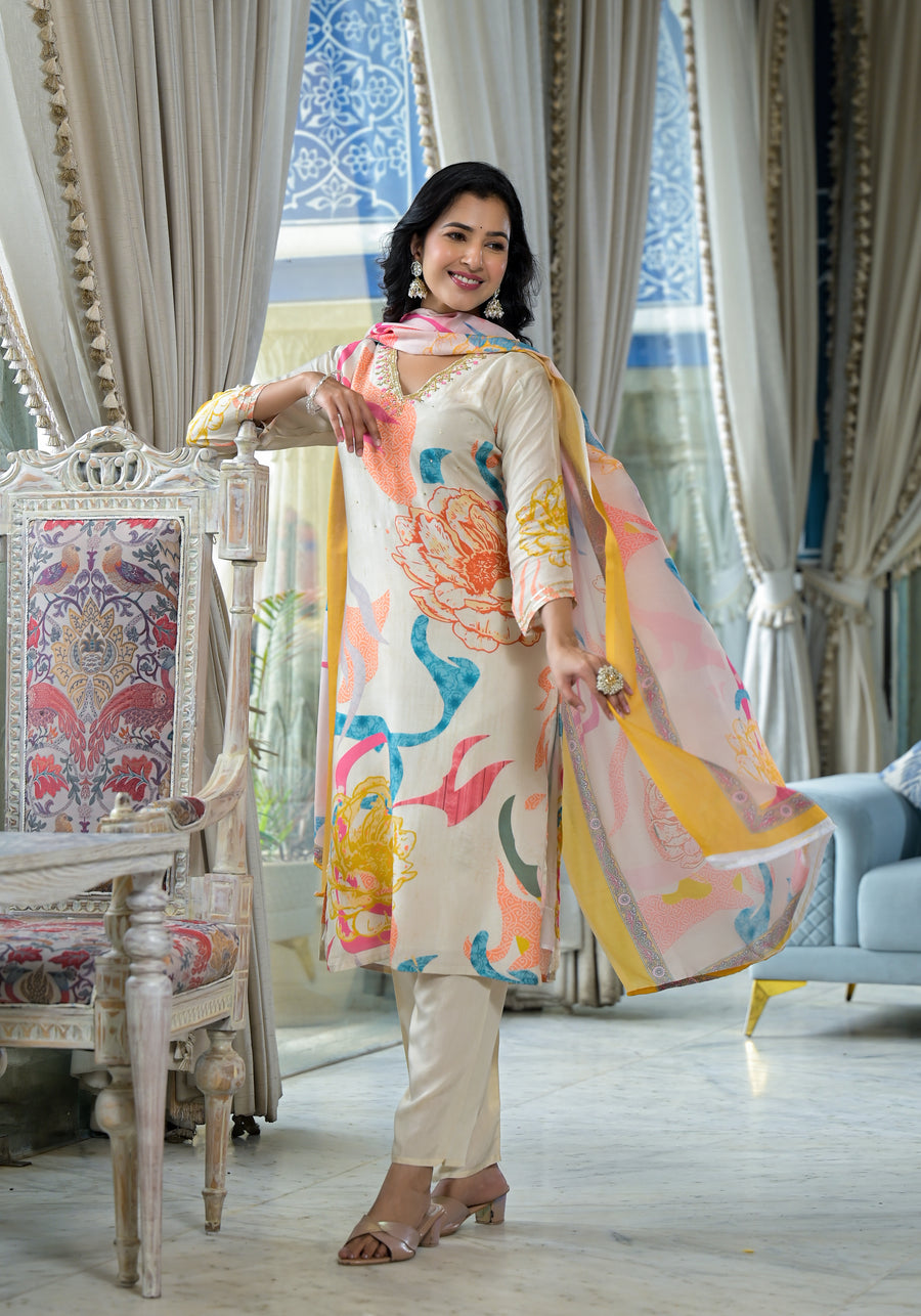 CREAM MUSLIN  FESTIVE ABSTRACT PRINT SUIT SET