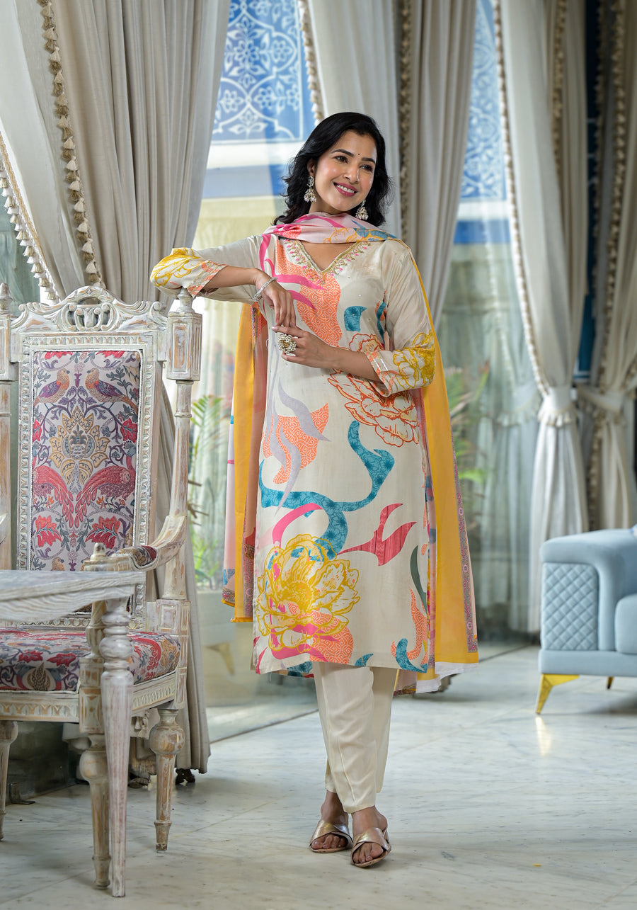 CREAM MUSLIN  FESTIVE ABSTRACT PRINT SUIT SET